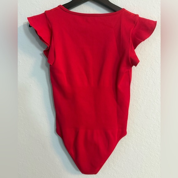 OQQ Red Ruffled Flutter Sleeve Ribbed Bodysuit - Picture 7 of 7